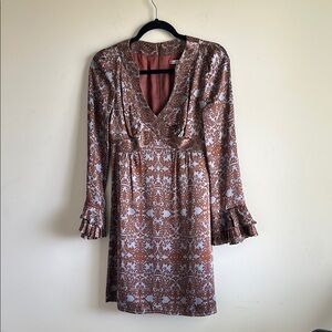 Nanette Lepore 100% Silk Brown & Blue Ruffled Tiered Dress with Bell Sleeves, 2